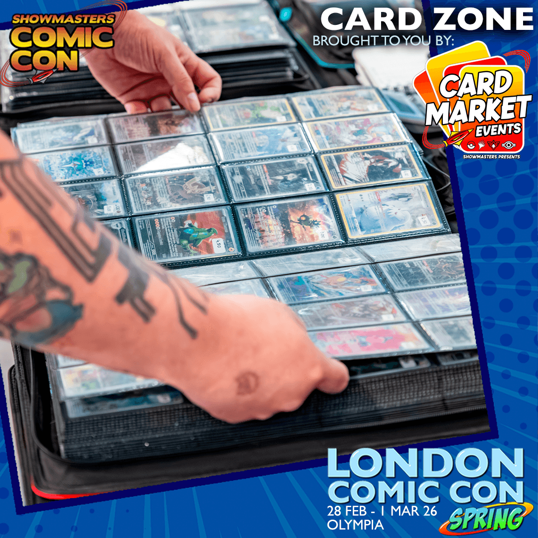 Person browsing trading cards at convention.