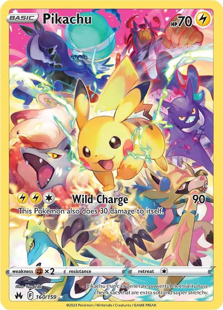 Pikachu Pokémon card with colourful background.